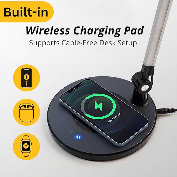 OTUS LED Architect Desk Lamp for Home Office with Wireless Charger, Adjustable Swing Arm, 32 in Tall, 11.8 in Panel, 3 Color Modes, 12 Dimmable Levels, Eye-Caring for Reading, Study, Video Calls