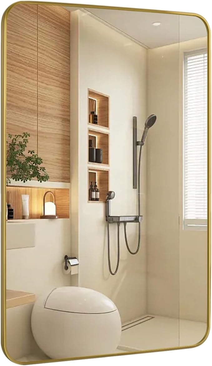 Gold Wall Mirror for Bathroom 30X48 Inch Stainless Steel Metal Frame Bathroom Vanity Mirror Rounded Rectangle Mirror Rustproof for Entryway, Living Room Hangs Vertically or Horizontally