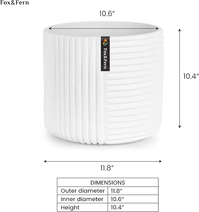 Fox & Fern Large Indoor Planter, Modern Large Plant Pot for Indoor or Outdoor, UV and Frost Resistant - 12 inch, Polystone, Matte White Flower Pot with Drainage Plug, 3D Printed Design