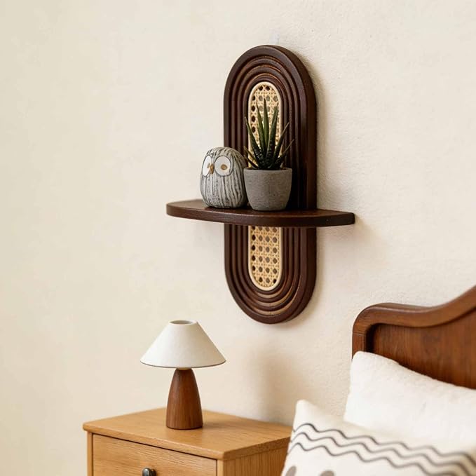 1pc Mid-Century Modern Wall Shelf - Arched Wood & Woven PE Rattan Boho Decorative Floating Shelf, Vintage Aesthetic Decor for Living Room, Bedroom, Kitchen & Home Office (Walnut)