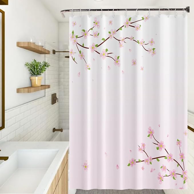 Cherry Blossom Shower Curtain Japan Pink Floral Landscape Shower Curtains for Girly Woman Bathroom Decor Accessories Waterproof Polyester Fabric with Hooks, 60 x 72 Inch
