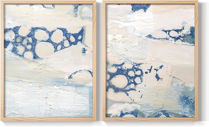 Renditions Gallery Set of 2 Peel & Stick Framed Prints, Textured Abstract Wall Art, Beach Themed Bubble Design Wall Decor, Re-Stickable - Ready to Hang - 8"x10" - NATURAL WOOD Frame LT588