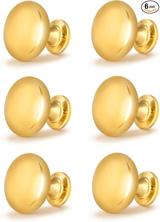 6 Pack Polished Gold Cabinet Knob Solid Kitchen Drawer Hardware,Antique Gold Drawer Dresser Round Knob Euro Style Furniture Hardware,Diameter:1-1/5 "