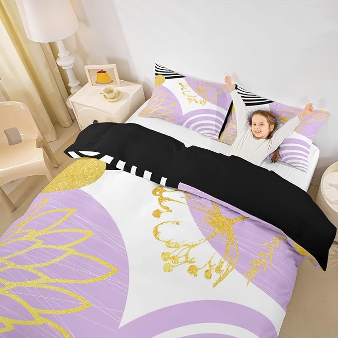 Erosebridal Purple and White Modern Twin Comforter Cover for Minimalist | Abstract Mid Century Duvet Cover Bohemian Leaf Floral Botanical Bed Set Aesthetic Modern Geometric Bedding Set
