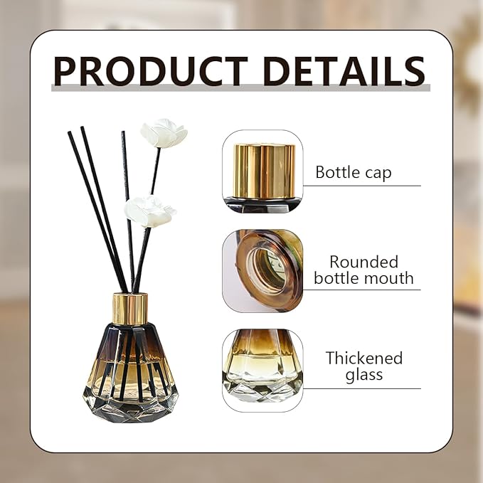 2 Pack 2oz Amber Glass Reed Diffuser Bottles, Diamond Shape with Gold Cap | Faceted glass body, amber gradient tone, polished gold cap, rounded bottle mouth, thickened glass, refillable structure.