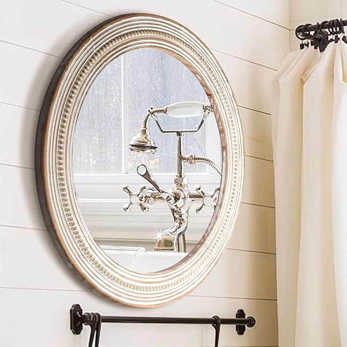 Reflinto 24 Inch Boho Wooden Round Mirrors for Wall Decor, | Rustic Farmhouse Decorative Circle Mirror for Bathroom Over Sink, Living Room, Entryway, Bedroom