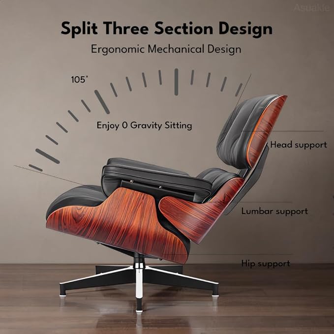 Top Black Grain Leather, Mid Century Chaise Lounge Chair and Ottoman, Modern Chair Classic Design, Heavy Duty Base Support for Living Room Study Lounge Office, Darkrosewood