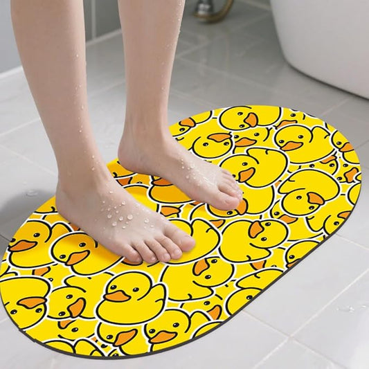 Oval Bath Mat Cute Cartoon Ducks Diatomaceous Mud Mats with Rubber Backing Ultra Soft Washable 23.6"×15.7" Quick Dry Thin Bath Rugs for Bathroom Floor Bathtub Vanity Easy Care