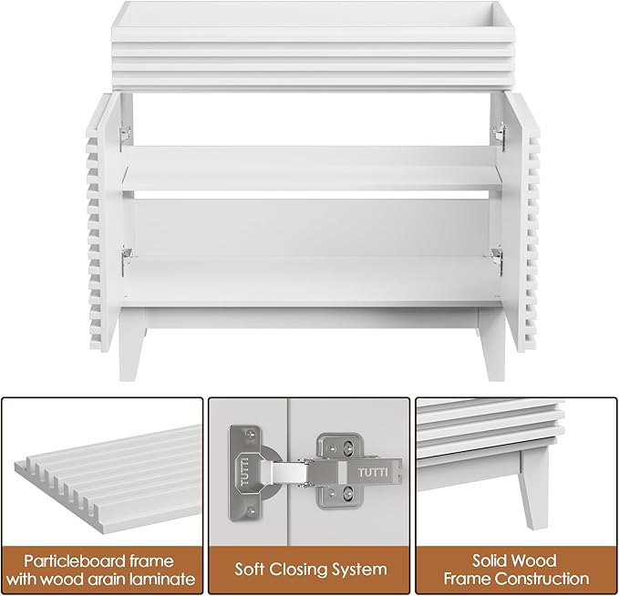 ROOMTEC 36" Bathroom Vanity, Mid-Century Freestanding Bathroom Vanity Cabinet with Storage, Particleboard Frame with Wood Grain Laminate, White(Sink Basin Not Included)