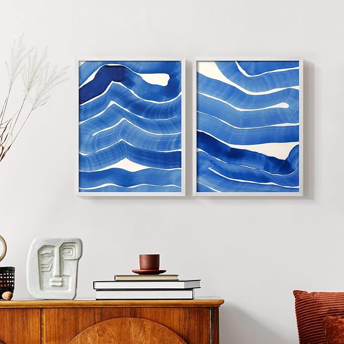 Renditions Gallery Set of 2 Peel & Stick Framed Prints, Watercolor Abstract Wall Art, Bold Brushstrokes in Shades of Blue Wall Decor, Re-Stickable - Ready to Hang - 8"x10" - White Frame LT588