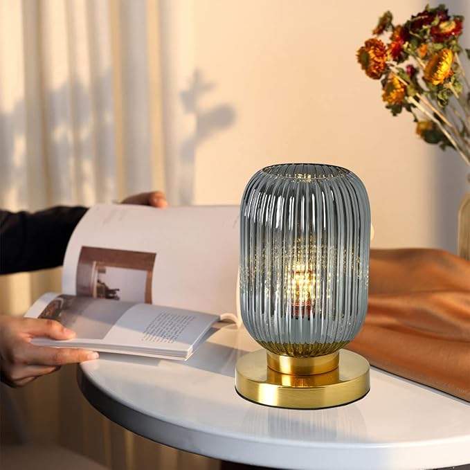 Mid Century Modern Globe Table Lamp Grey Glass Table Lamp Vintage Bedside Lamp Gold Desk Lamp Ribbed Design Shade Small Side Table Lamps Table Light for Bedroom Living Room Office
