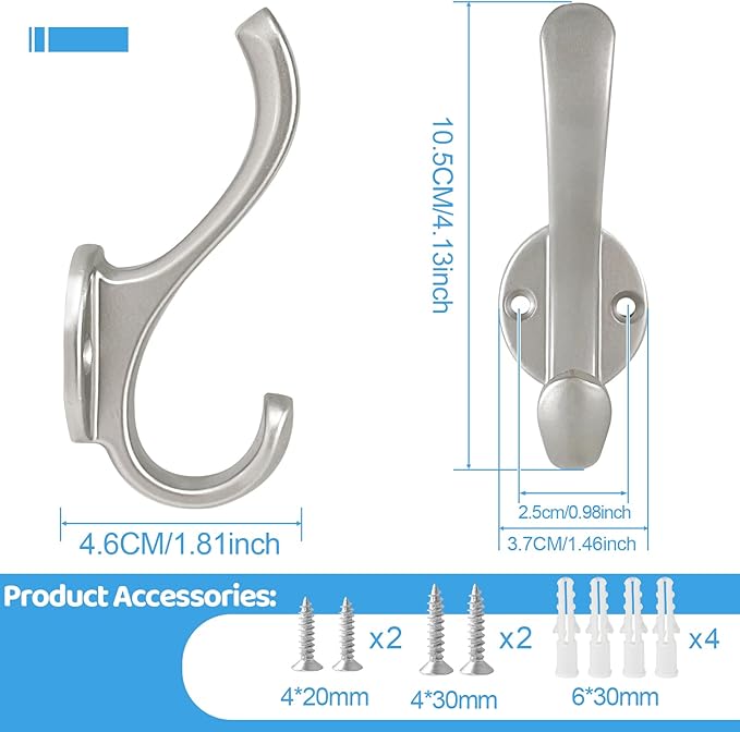 8 Pack Coat Hooks Wall Mount Heavy Duty Utility Retro Double Hooks for Hanging Coats,Hat, Towel, Key, Robe, Scarf, Bag, Cap (Silver)