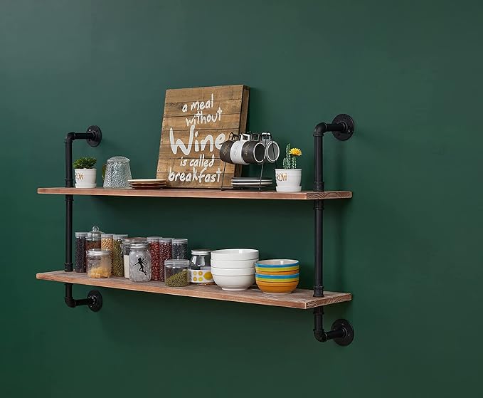 HDDFER Pipe Shelves Industrial Pipe Shelving Real Wood Industrial Floating Shelves with Wood Planks 48 inch Wall Shelves Rustic Hanging Bookshelf Farmhouse Kitchen Bar Shelving