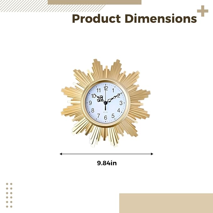 3 Pcs Gold Retro Sunburst Wall Decor Set, 9.8 In Clock And Mirror, Vintage Art, Lightweight, Simple Installation