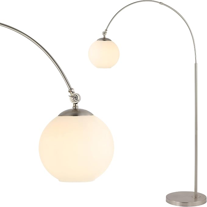 JONATHAN Y 71" Nickel/White Nora Arc Floor Lamp, Mid-Century Modern Standing Light, Vintage Iron LED Arched Reading Lamp with Mercury Glass Shade, LED Bulb Included (JYL3089B)