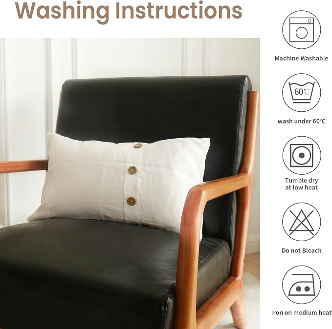 Simple&Opulence 100% Linen Lumbar Pillow Cover 12 x 20 Inch Set of 2 Rectangular Decorative Pillow Cover with Vintage Triple Coconut Button for Couch Sofa Bed Living Room Office Décor - White