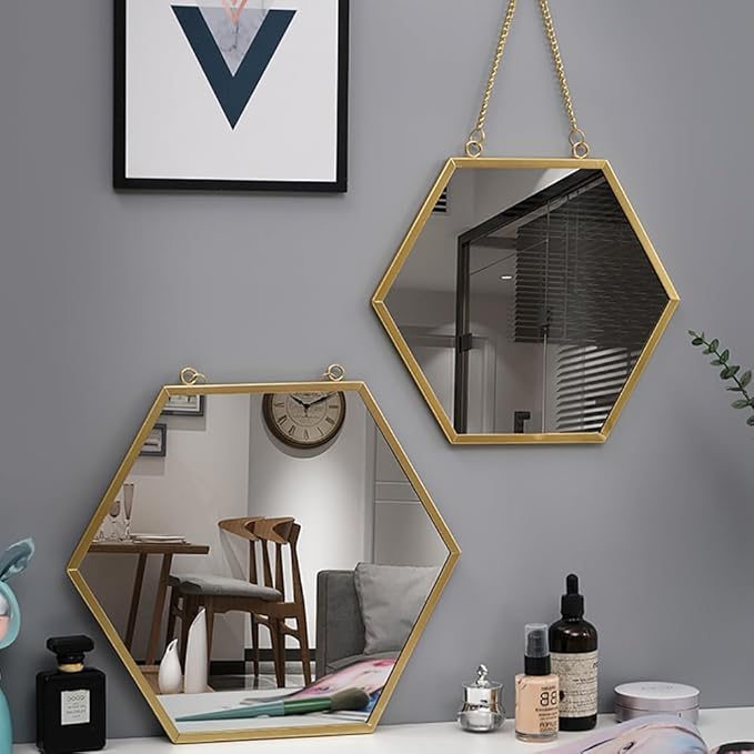 Gold Mirrors for Wall - 2pcs/Set Metal Hexagon Mirror Room Decor & Home Decor Decorative Hanging Boho Mirror Wall Decor for Bedroom Living Room Entryway (Hexagonal)