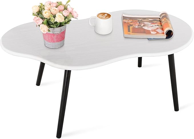 Small Coffee Table Cloud Shaped Irregular Center Table for Living Room Unique White Wood Grain Top Floor Table for Small Space Apartment