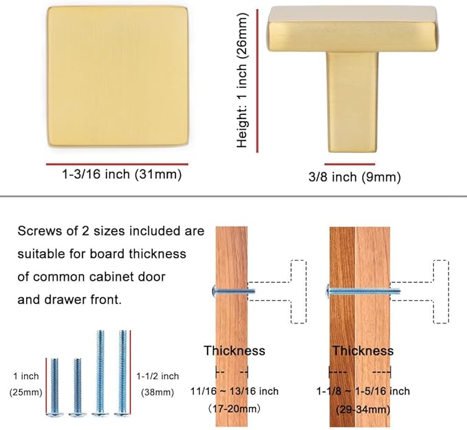 KOOFIZO 30 Pack Brushed Gold Cabinet Knobs Gold Drawer Knobs K03 Square Single Hole Cabinet Pulls for Cabinets Drawer Dresser Cupboard Bedroom Closet Bathroom Vanity