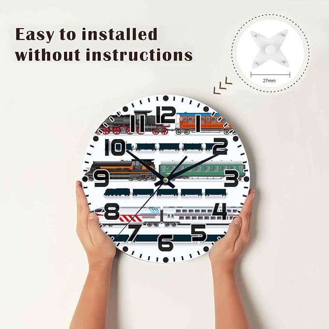 Train Wall Clock 10 inch Round Running on The Track Silent Non Ticking Wood Wall Clocks Battery Operated Easy to Read Decorative Wall Clock for Bedroom Kitchen Living Room Bathroom