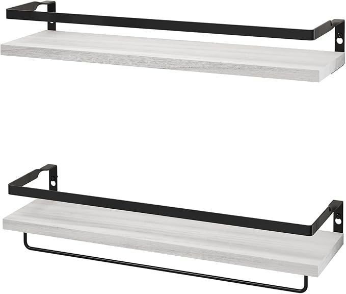 Floating Shelves for Wall, Bathroom Shelves with Towel Bar, Wall Mounted Storage Shelves for Kitchen, Bathroom, Set of 2 White