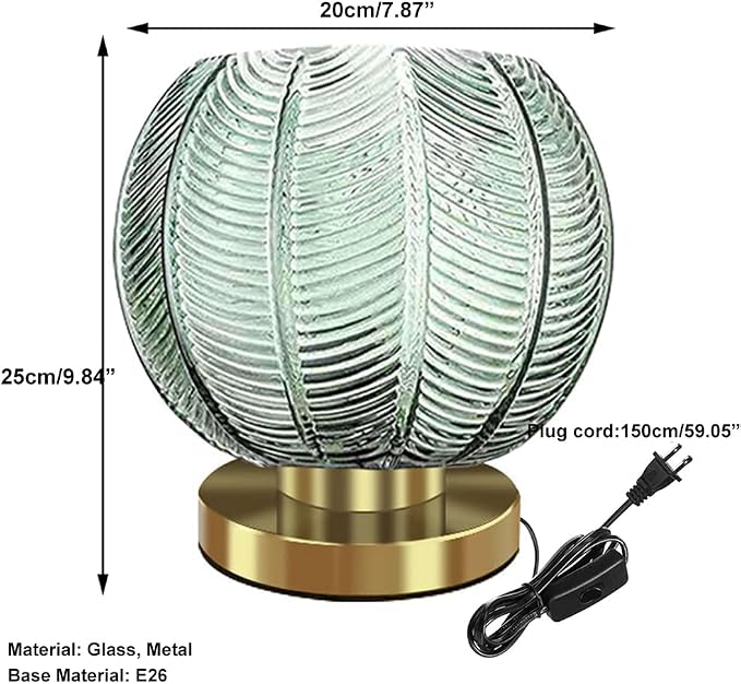 Gold Desk lamp Bedside Table Lamps Green Ribbed Glass Shade mid Century Modern lamp Globe Table lamp nightstand lamp Small Table lamp for Bedroom Living Room Office
