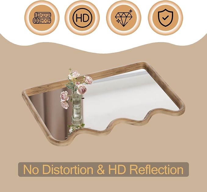 ULIKE Wavy Mirror for Wall, Rustic Wood Mirror for Bathroom Vanity, 24x36 Wooden Wall Mirrors Decorative for Bedroom, Living Room, Entryway, Brown