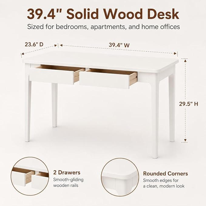 Mid Century Modern Desk with Drawers,39.4 inch Solid Wood White Writing Desk for Home Office Bedroom,Small Computer Desk for Spaces Easy Assembly