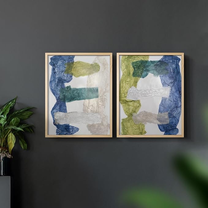 Renditions Gallery Set of 2 Peel & Stick Framed Prints, Elegant Abstract Wall Art, Dyed Cloth Texture Wall Decor, Re-Stickable - Ready to Hang - 8"x10" - NATURAL WOOD Frame LT588