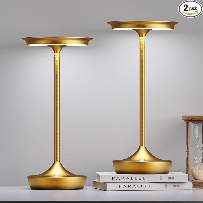 2 Pack LED Rechargeable Cordless Table Lamps, Portable Outdoor Battery Operated 3 Color Stepless Dimming Tables Lamp with Memory Function for Patio Restaurant Dining Room Gold