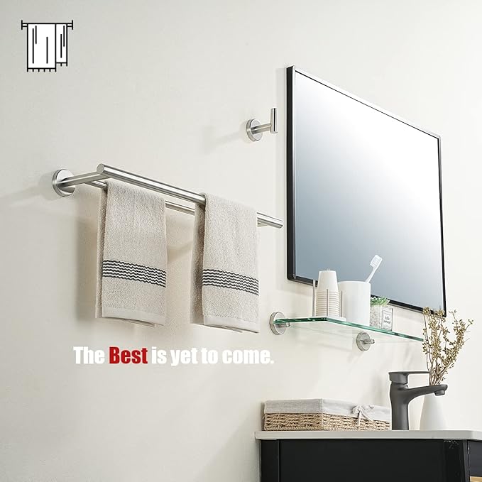 JQK Double Bath Towel Bar, 19 Inch 304 Stainless Steel Thicken 0.8mm Towel Rack Bathroom, Towel Holder Brushed Finished Wall Mount, Useable Length 16 Inch, TB100L16-BN
