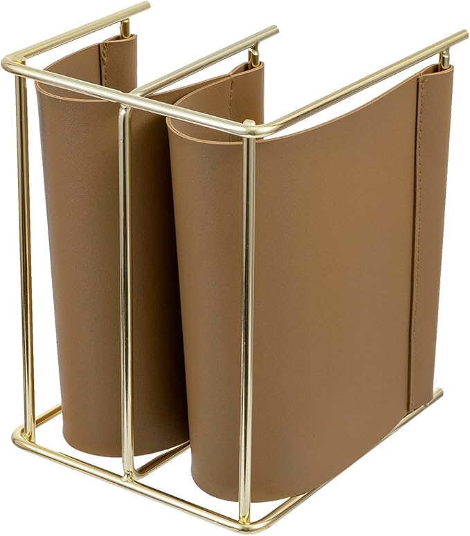 MyGift 2 Slot Modern Mail Holder, Deluxe Brass Tone Metal and Toffee Brown Leatherette Sling Entryway or Desktop Tabletop Letter Sorter