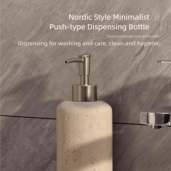 Liquid Soap Dispenser Refillable Stone Soap Dispenser Beige Travertine Liquid Shampoo Bottles Marble Hand Soap Dispenser for Bathroom Kitchen Decor