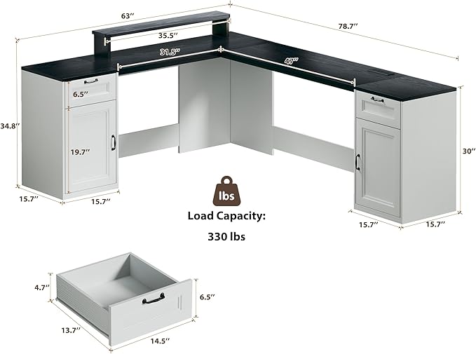 HUAHUU 78" Farmhouse L Shaped Executive Desk with Drawers, Modern Computer Desk with Power Outlets, Office Writing Desk with Monitor Stand & Storage Cabinet, Printer Shelf, Antique White