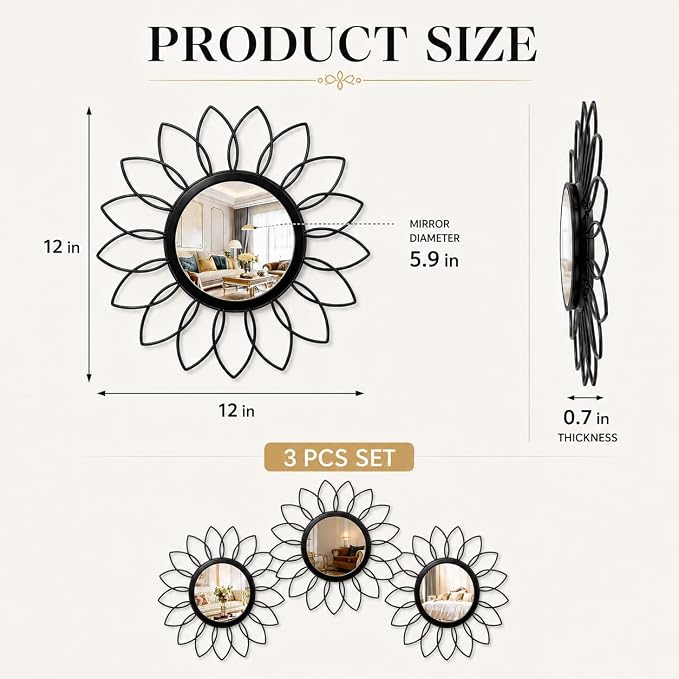 Black Flower Mirror Set of 3, 3PCS Metal Round Decorative Wall Mirrors, Floral Petal Accent Mirror Wall Decor for Living Room, Bedroom, Entryway & Bathroom