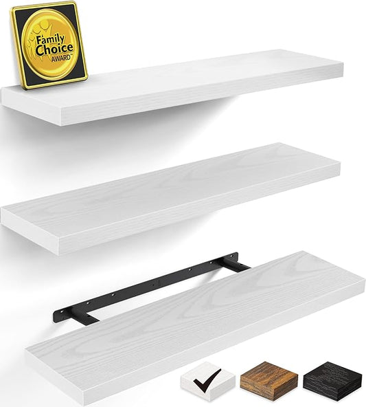 BAYKA White Floating Shelves for Wall, Set of 3, 35.4 Inches Long Wall Mounted Rustic Wood Shelves for Bathroom, Bedroom, Living Room or Kitchen, Hanging Shelf for Book/Storage/Decor, 30lbs Capacity
