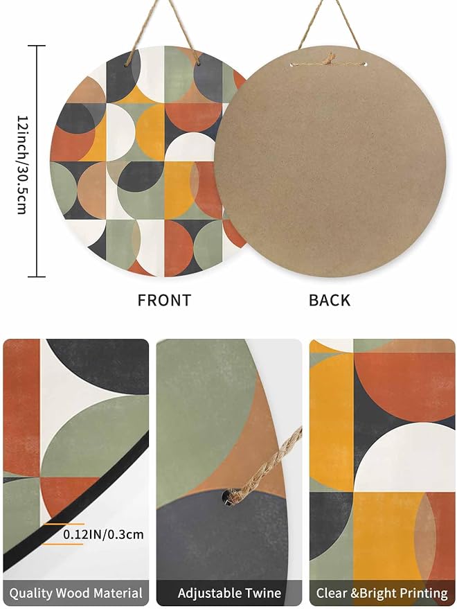 Welcome Sign for Front Door Mid Century Geometric Wood Door Hanger for Outdoor Outside Porch,12 Inch Round Wooden Wreath Indoor Wall Hanging Decoration, Abstract Modern Retro
