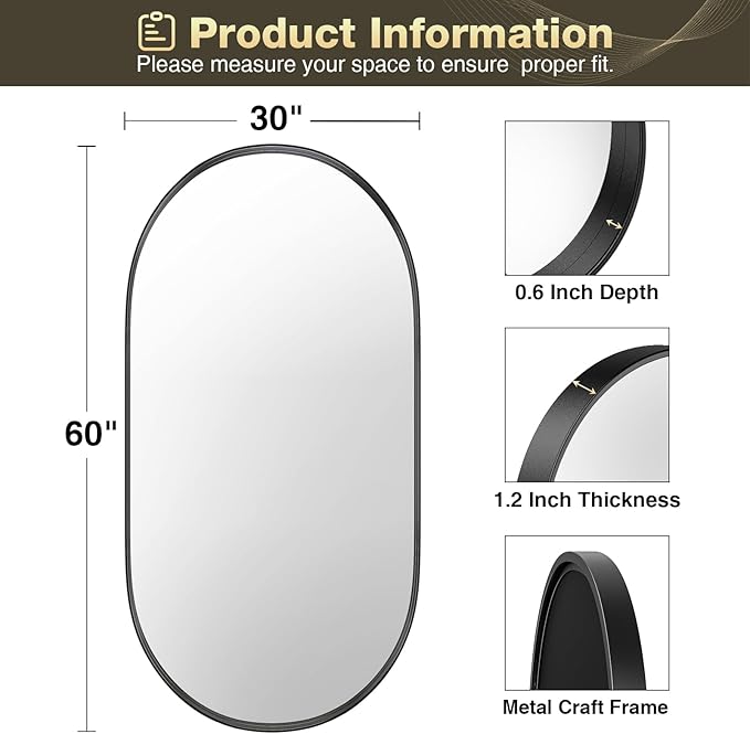 Brightify 60x30 Inch Black Oval Mirror for Bathroom, Oversized Large Full Length Mirror, Vanity Mirrors Metal Frame, Wall Mounted Mirror for Entry Wall Decorative Hang Vertical and Horizontal