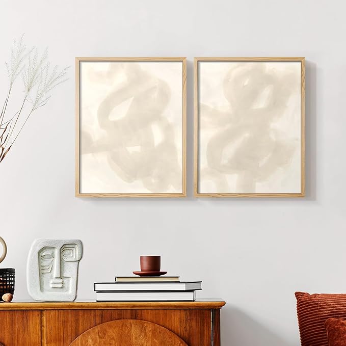 Renditions Gallery Set of 2 Peel & Stick Framed Prints, Abstract Wall Art, Beige and White Aesthetic Wall Decor, Re-Stickable - Ready to Hang - 16"x20" - NATURAL WOOD Frame LT588