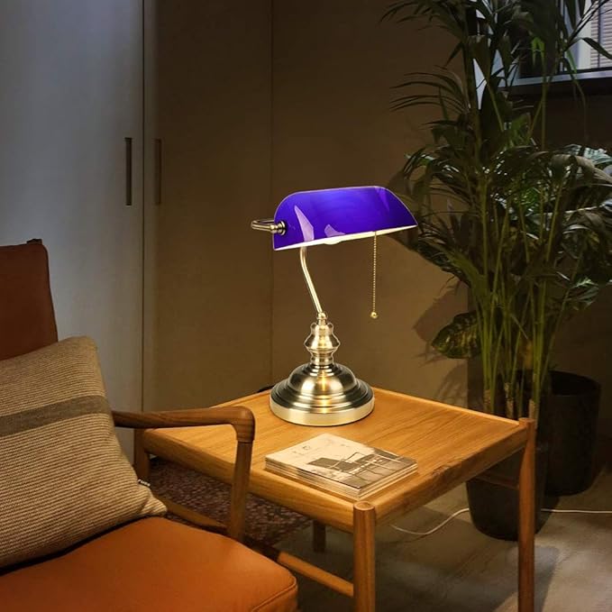 FIRVRE Blue Glass Bankers Desk Lamp Bright Executive Table Lamp Bronze Finish Basis with Pull Chain Switch E26 for Bedroom Bedside Home Office Student Dorm Library Piano