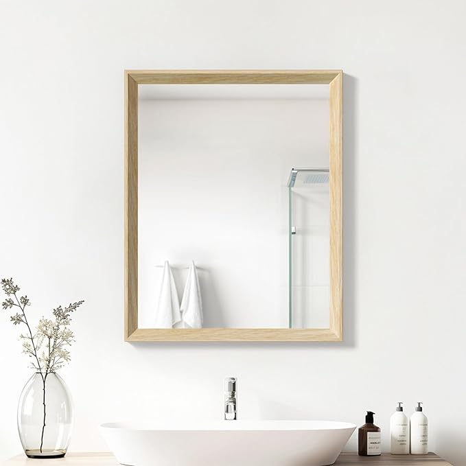 Oak Wood Effect Framed Wall Mirror, 24x32 Rectangle Mirror, 1/8" Anti-desilvering Tempered Glass, Sustainable& Sturdy Frame, Anti-Rust, HD Reflection &3min Fast Setup for Bathroom Living Room