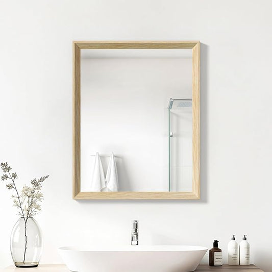 Oak Wood Effect Framed Wall Mirror, 24x32 Rectangle Mirror, 1/8" Anti-desilvering Tempered Glass, Sustainable& Sturdy Frame, Anti-Rust, HD Reflection &3min Fast Setup for Bathroom Living Room