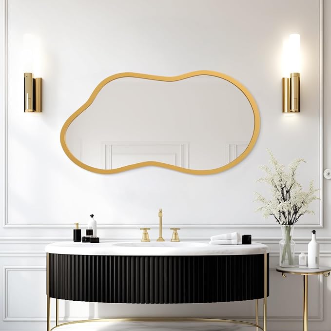 AAZZKANG Large Wall Mirror with Wood Framed 26"x16" Gold Irregular Hanging Mirrors Asymmetrical for Bathroom Bedroom Living Room Entryway