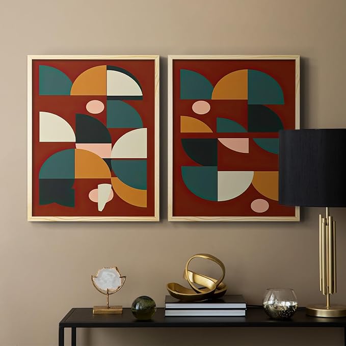 Renditions Gallery Set of 2 Peel & Stick Framed Prints, Mid Century Abstract Wall Art, Modern Geometric Shapes Wall Decor, Re-Stickable - Ready to Hang - 11"x14" - NATURAL WOOD Frame LT588