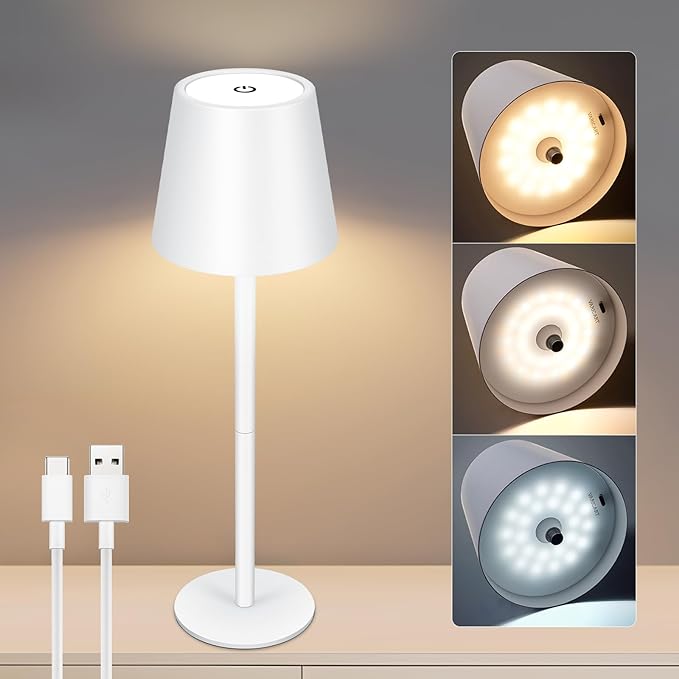 White Cordless Table Lamp 8-20 Inches Adjustable Height, 5000mAh Rechargeable Battery LED Desk Lamp, 3 Color Stepless Dimmable, Portable Waterproof Metal Table Light for Indoor/Outdoor