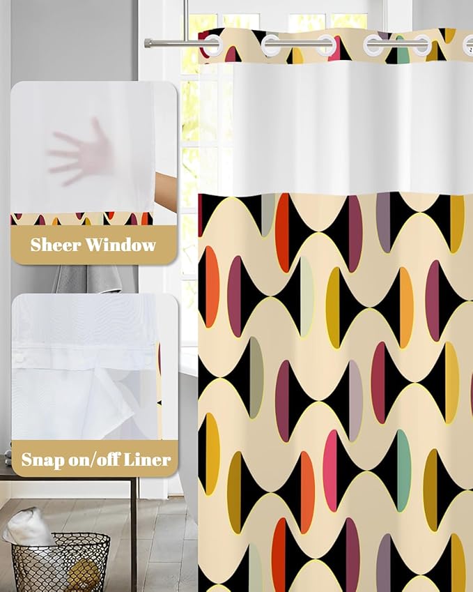 No Hook Shower Curtain with Snap in Liner Set, Mid Century Modern Geometric Abstract Print Shower Curtains for Bathroom, Waterproof Bath Tub Curtain with Mesh Top, 71W x 74H