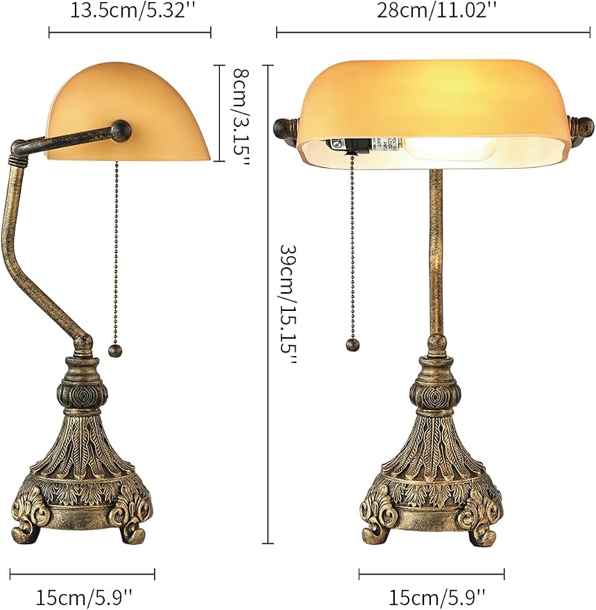 Vintage Amber Glass Bankers Desk Lamp for Home Office,Library with Pull Chain Switch Plug in Fixture, LED Bulb Included