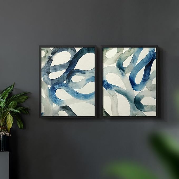 Renditions Gallery Set of 2 Peel & Stick Framed Prints, Watercolor Abstract Wall Art, Aquatic Water and Sand Strokes Wall Decor, Re-Stickable - Ready to Hang - 11"x14" - Black Frame LT588