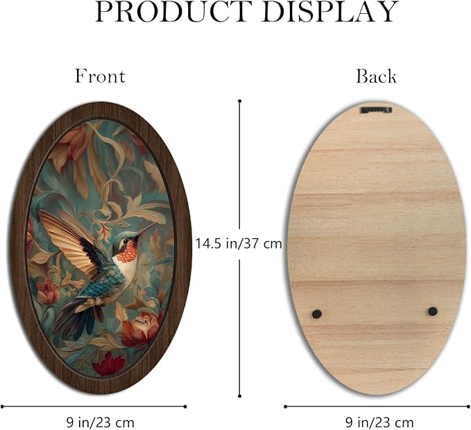 UYIKG Vintage Hummingbird Wall Art Decor,Floral Bird Hummingbird Oval Wall Decor,Rustic Cottagecore Animal Botanical Oval Wooden Framed Decorations for Home Theme Room Bedroom Living Room 9x14.6 in