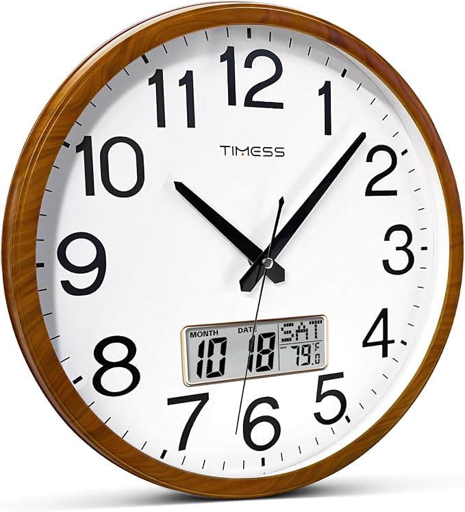TIMESS Wall Clock, Classic Wood Style Finish, 13 Inch Non-Ticking Silent Battery Operated Quartz Analog with Perpetual Calendar and F° Temperature Display, Home, Office Décor (Chestnut Yellow)